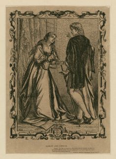 an old drawing of a man and woman standing in front of a mirror, looking at each other