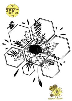 a black and white drawing of flowers in hexagonal shapes with the words blooming california