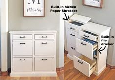 the drawers are open and labeled with instructions for how to put them in their place