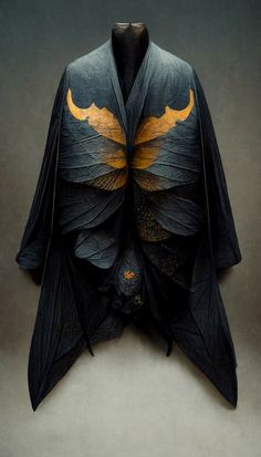 a black jacket with yellow wings on the front and back, made out of paper