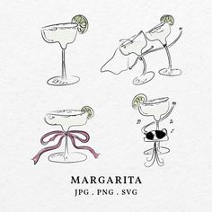 margarita cocktail glasses with limes and garnishes on them, drawn by hand