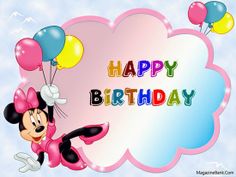 a minnie mouse birthday card with balloons