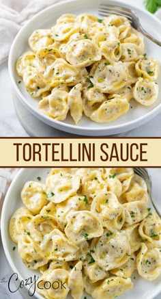 two plates filled with tortelli sauce on top of a white plate and next to each other