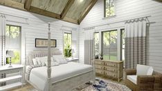 an artist's rendering of a bedroom with white walls and wood trimmings