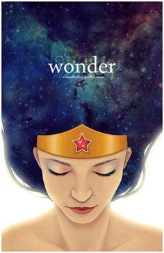 a woman's head with the words wonder on it and stars in the background