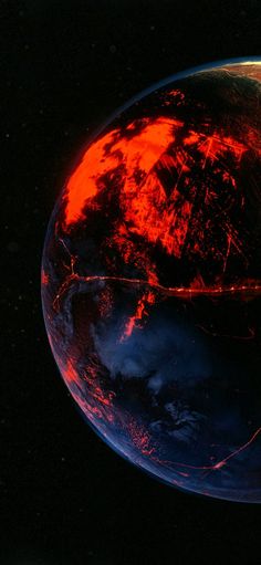 an image of the earth from space with red lights on it's surface and dark background