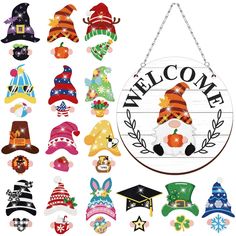 the welcome sign is decorated with many different hats and decorations, including an orange cat