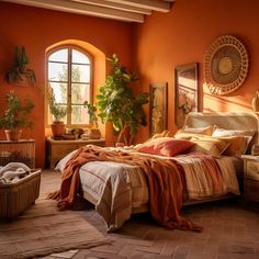 a bedroom with an orange wall and large bed in the center, surrounded by potted plants