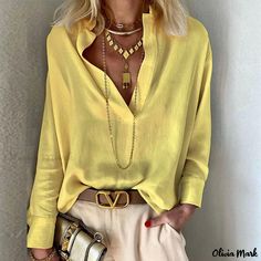 Olivia Mark - Spring Collection Pure Color Women's Blouses Mode Over 50, Loose Outfit, Looks Chic, Collar Top, Collar Blouse, Mandarin Collar, Linen Shirt, Look Fashion