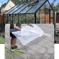 a man standing in front of a green house with his hands on the glass roof