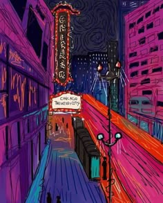 a painting of a city street at night with neon lights on the building and people walking down the sidewalk