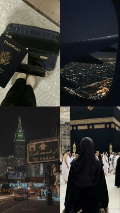 a collage of photos with people and buildings in the background, including a person holding a passport