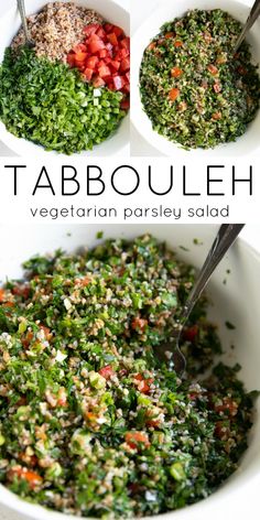 four bowls filled with different types of vegetables and seasoning in them, all labeled tabbouleh