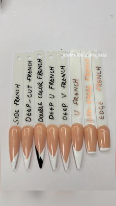 Type Of Nails Acrylic, Type Of Nail Designs, Different Shape French Tip Nails, Styles Of French Tips, Different Shaped French Tips, Type Of French Nails, French Tip On Different Nail Shapes, Types Of Nail Art Designs