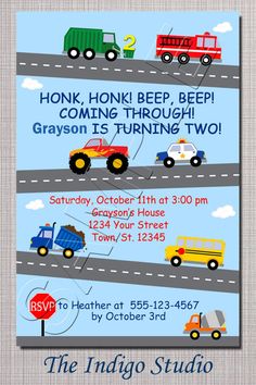 a flyer for an event with trucks and cars on the road