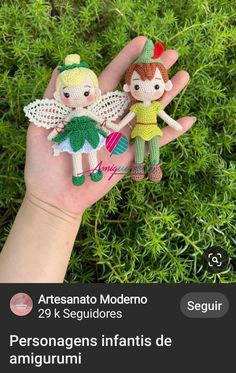 someone is holding two small crocheted dolls in their hand with the caption,