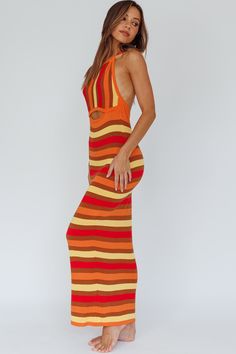 Brown/orange stripe dress Maxi length Not lined Knit fabric Halterneck Cut-out detail in bodice Cruise through the Summer in our hot French Riviera maxi dress. We are in love with the soft knit fabric and open back. Perfect for strolling by the beach or weekend coffee dates. Team it with sandals and a tote for a look we are loving. MODEL INFO Model is wearing size S/M Height: 5'6" Bust: 31.5" Waist: 24.5" Hips: 34.5" SIZE INFO Flat garment measurements This was manually measured from the actual Orange Stretch Midi Dress For Beach, Orange Backless Dress For Day Out, Fitted Orange Knit Dress, Orange Ribbed Dress For Spring, Spring Orange Ribbed Dress, Striped Knit Beach Dresses, Striped Knit Dresses For The Beach, Weekend Coffee, Yellow Bridesmaids