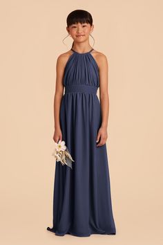 This high-neck halter dress is a dress she can wear again, to the middle school dance or as a wedding guest. Available in Slate Blue. This halter-neck dress is great for a junior bridesmaid on her way to a formal wedding. Pair this stylish junior look with our Kiko or Monica bridesmaid dresses. | Slate Blue Bridesmaid Dress Chiffon Size Medium | Birdy Grey Sienna Junior Slate Blue Bridesmaid Dresses, High Neck Halter Dress, Middle School Dance, Bridesmaid Dress Chiffon, Junior Dress, Dusk Blue, High Neck Halter, Birdy Grey, Blue Bridesmaid Dress