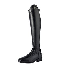 a pair of black riding boots on a white background