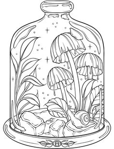 a glass jar filled with plants and rocks on top of a white background, outlined in black