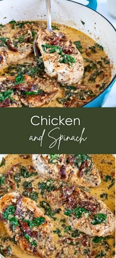 chicken and spinach in a skillet with the title text above it that reads, chicken and spinach