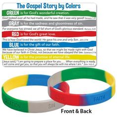 two wristbands with different colors and the words, the god's story by colors