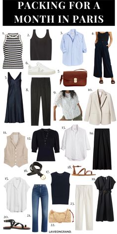 Outfits For Paris Spring, Pack For A Month, Paris Spring Fashion, Europe Packing, Capsule Wardrobe Women, Europe Travel Outfits, Travel Capsule, Summer Capsule