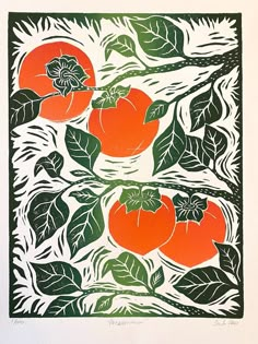 an orange and green print with leaves on it