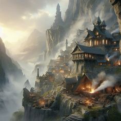 an image of a fantasy village in the mountains