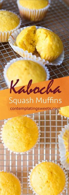 several muffins cooling on a wire rack with the words kaladaka squash muffins