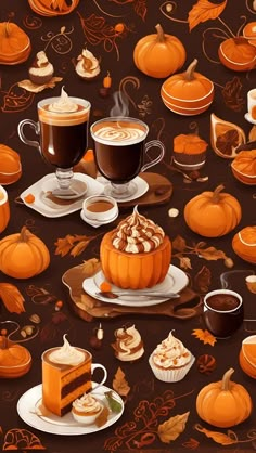 a painting of pumpkins and cups of coffee on a table with other autumn items