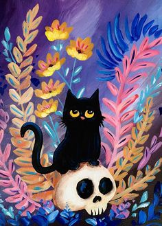 a painting of a cat sitting on top of a skull in the middle of flowers