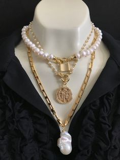 Large Gold Pendant, Pearl Gold Chain, Gold Coin Jewelry, Dainty Jewelry Necklace, Rosary Chain Necklace, Inexpensive Jewelry, Pearl Chain Necklace, Gold Medallion, Gold Coin