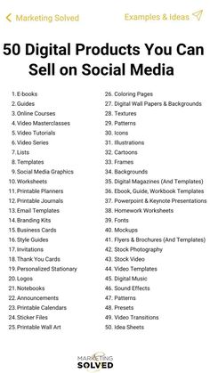 the top 50 digital products you can sell on social media info sheet, with text overlay