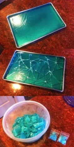 three pieces of glass sitting on top of a wooden table