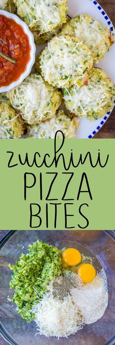 zucchini pizza bites on a plate with sauce and cheese in the middle next to them