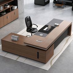 an office desk with a chair and computer on it in the middle of a room