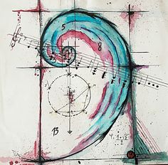 an abstract painting with lines, circles and musical notations on it's surface