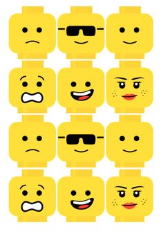 a bunch of yellow legos with different faces