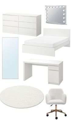 a white bedroom with furniture and accessories including a bed, dresser, mirror, chair, desk