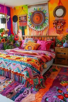 a bed with colorful blankets and pillows in a room filled with potted plants on the wall