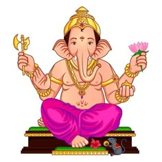 the god ganesha is sitting on top of a table with a flower in his hand