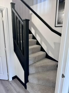 the stairs in this house are painted white and black