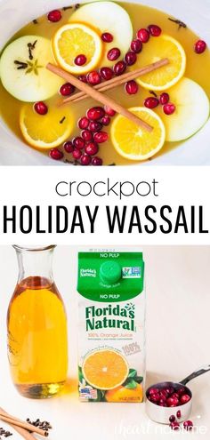 crockpot holiday wassail recipe with apples, oranges and cranberries