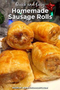 homemade sausage rolls on a white plate with christmas tree in the background and text overlay reading quick and easy homemade sausage rolls