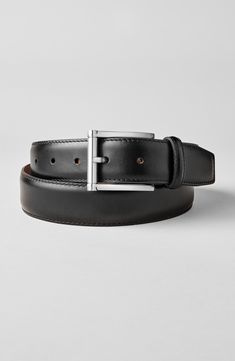 An elegant, hand-burnished leather belt is finished with silvertone hardware that adds a modern touch. Style Name:Magnanni Carbon Leather Belt. Style Number: 677264. Designer Formal Belt With Removable Buckle, Designer Formal Belt With Removable Feature, Designer Formal Belts With Removable Belt, Designer Formal Belts With Rectangular Buckle, Elegant Bridle Leather Work Belts, Elegant Bridle Leather Belts For Work, Classic Leather Belt Buckles For Business Casual, Timeless Black Belt Buckles For Formal Wear, Black Timeless Formal Belt Buckles