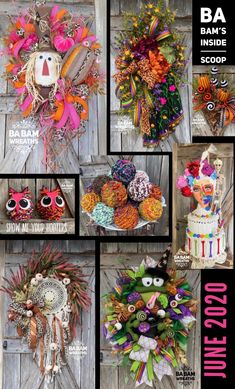 several pictures of different types of wreaths and decorations on wooden boards with text that reads ba party inside scoop