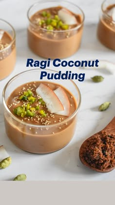 the cover of ragi coconut pudding is shown with other desserts in small bowls