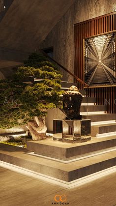 an indoor area with stairs and trees in it