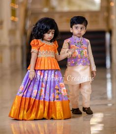 Brother And Sister Dresses Indian, Family Twinning Outfits Indian, Kids Pattu Langa Designs, Family Matching Outfits Indian, Brother And Sister Outfits, Brother N Sister, Brother Sister Matching Outfits, Langa Blouse